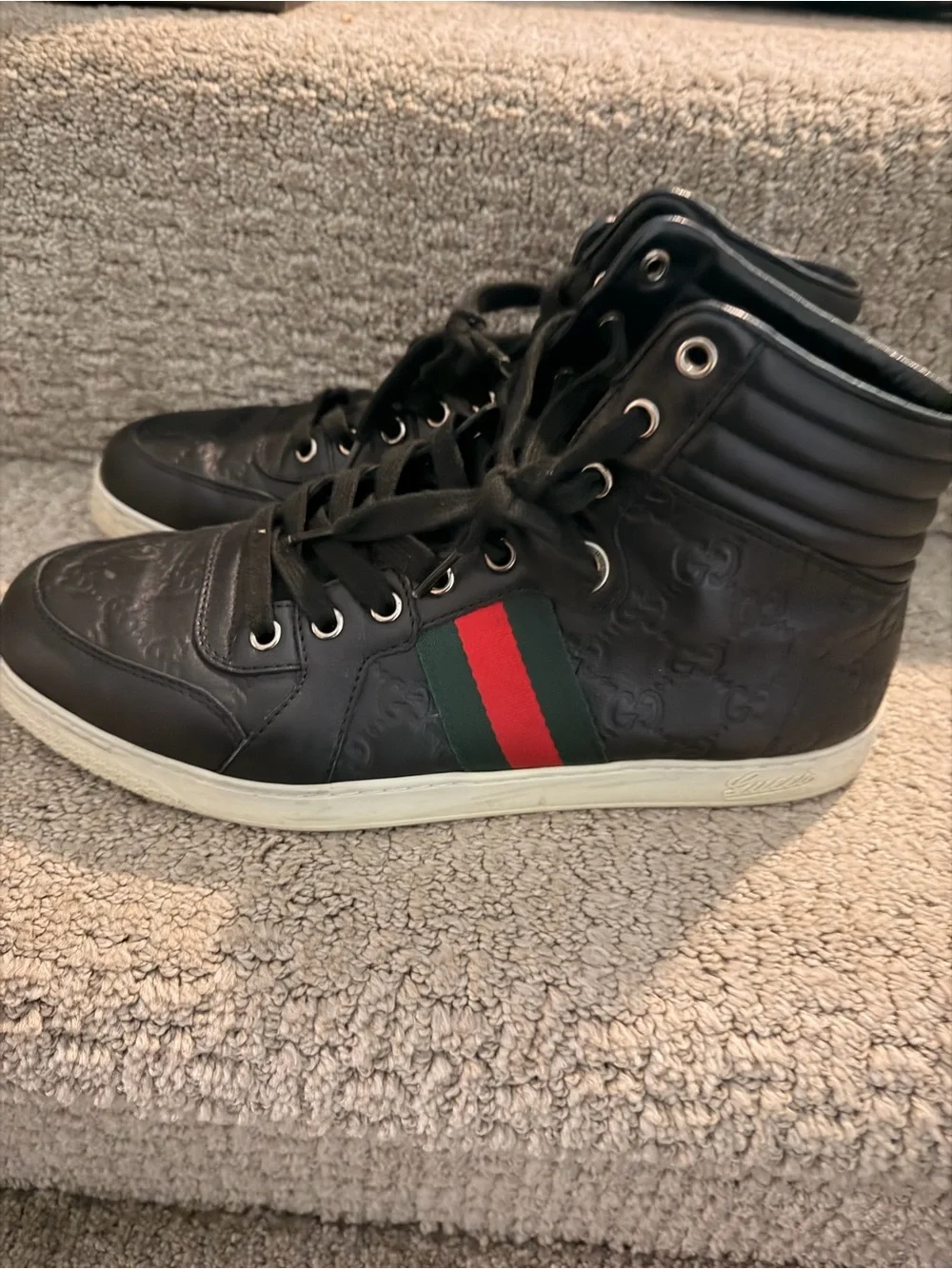 Gucci Black Leather High-Top Sneakers with Red & Green Web Stripe